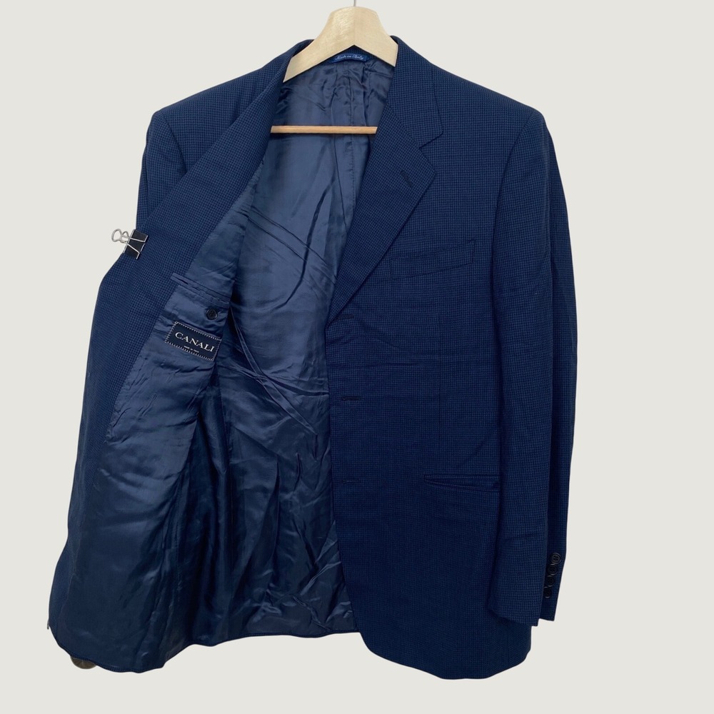 Canali Blue Micro Check 100% Wool 3 Button Sport Coat Blazer Jacket 42R Italy